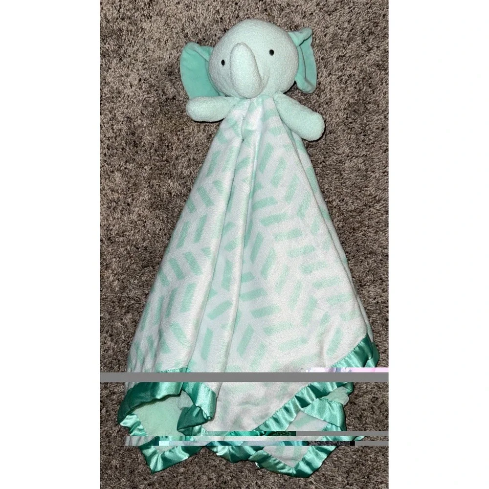 Cloud Island Elephant Blue Lovey White Security Blanket Teal Stripes Satin Large